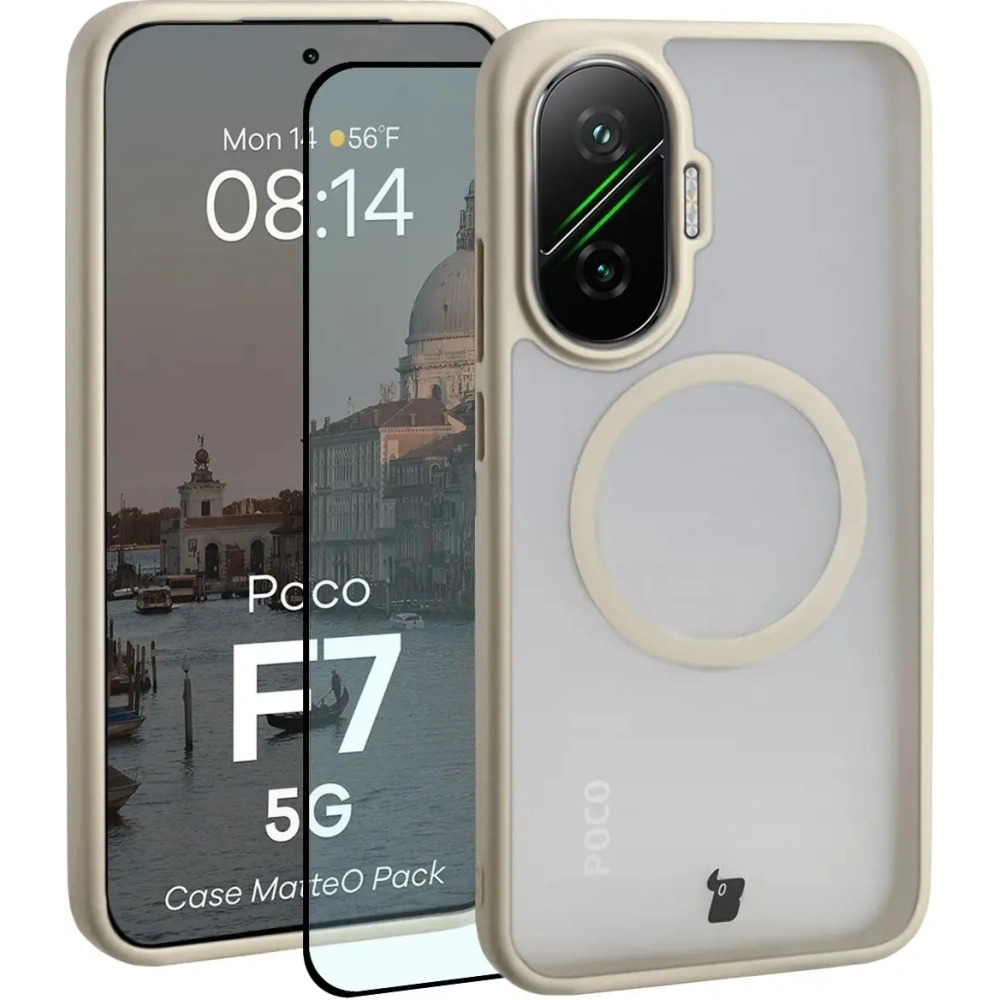 Etui z pierścieniem magnetycznym + szkło hartowane Bizon MatteO Pack do Xiaomi POCO F7, przydymione-beżowe