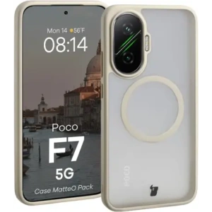 Etui z pierścieniem magnetycznym + szkło hartowane Bizon MatteO Pack do Xiaomi POCO F7, przydymione-beżowe