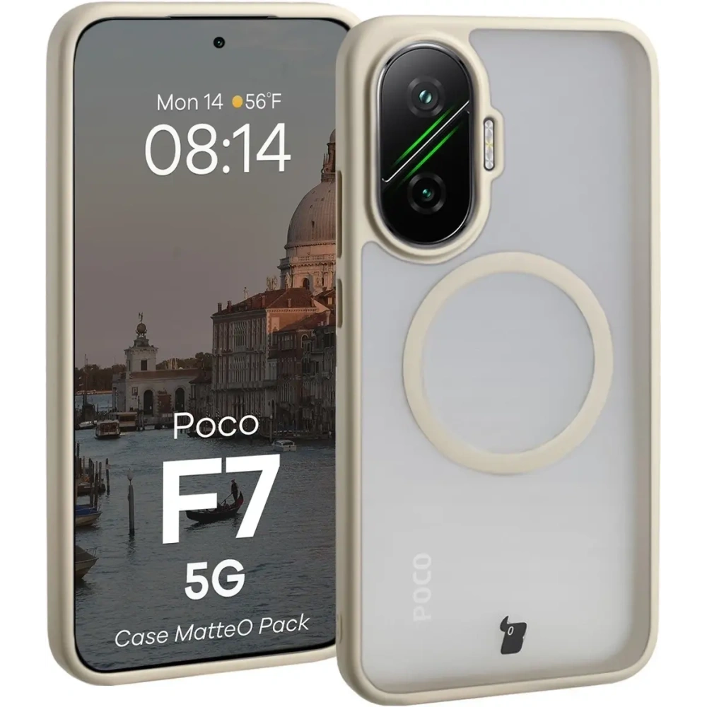 Etui z pierścieniem magnetycznym + szkło hartowane Bizon MatteO Pack do Xiaomi POCO F7, przydymione-beżowe