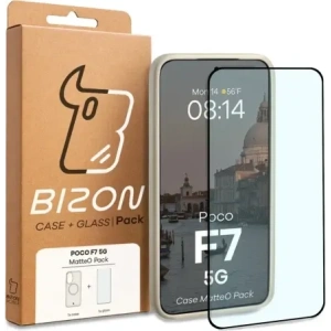Etui z pierścieniem magnetycznym + szkło hartowane Bizon MatteO Pack do Xiaomi POCO F7, przydymione-beżowe