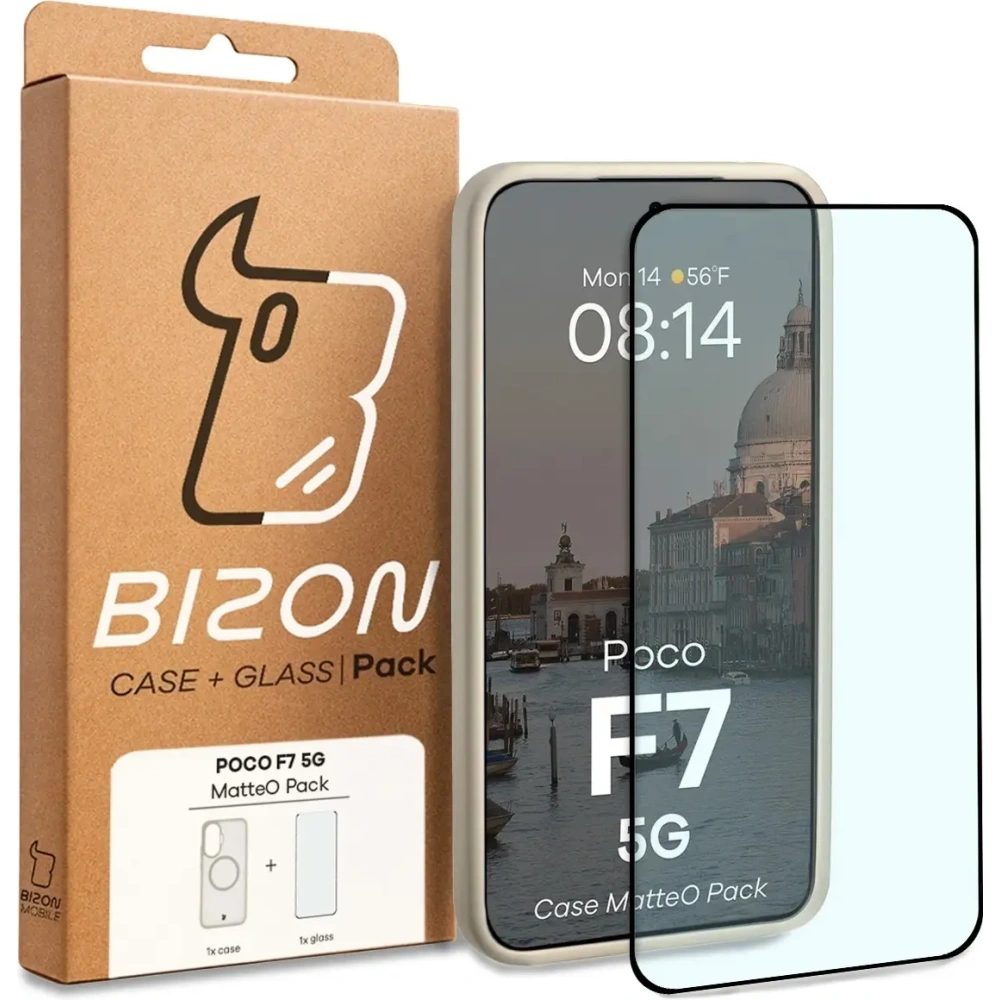 Etui z pierścieniem magnetycznym + szkło hartowane Bizon MatteO Pack do Xiaomi POCO F7, przydymione-beżowe