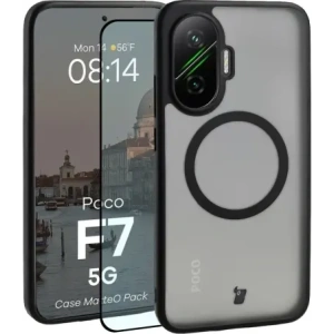 Etui z pierścieniem magnetycznym + szkło hartowane Bizon MatteO Pack do Xiaomi POCO F7, przydymione-czarne