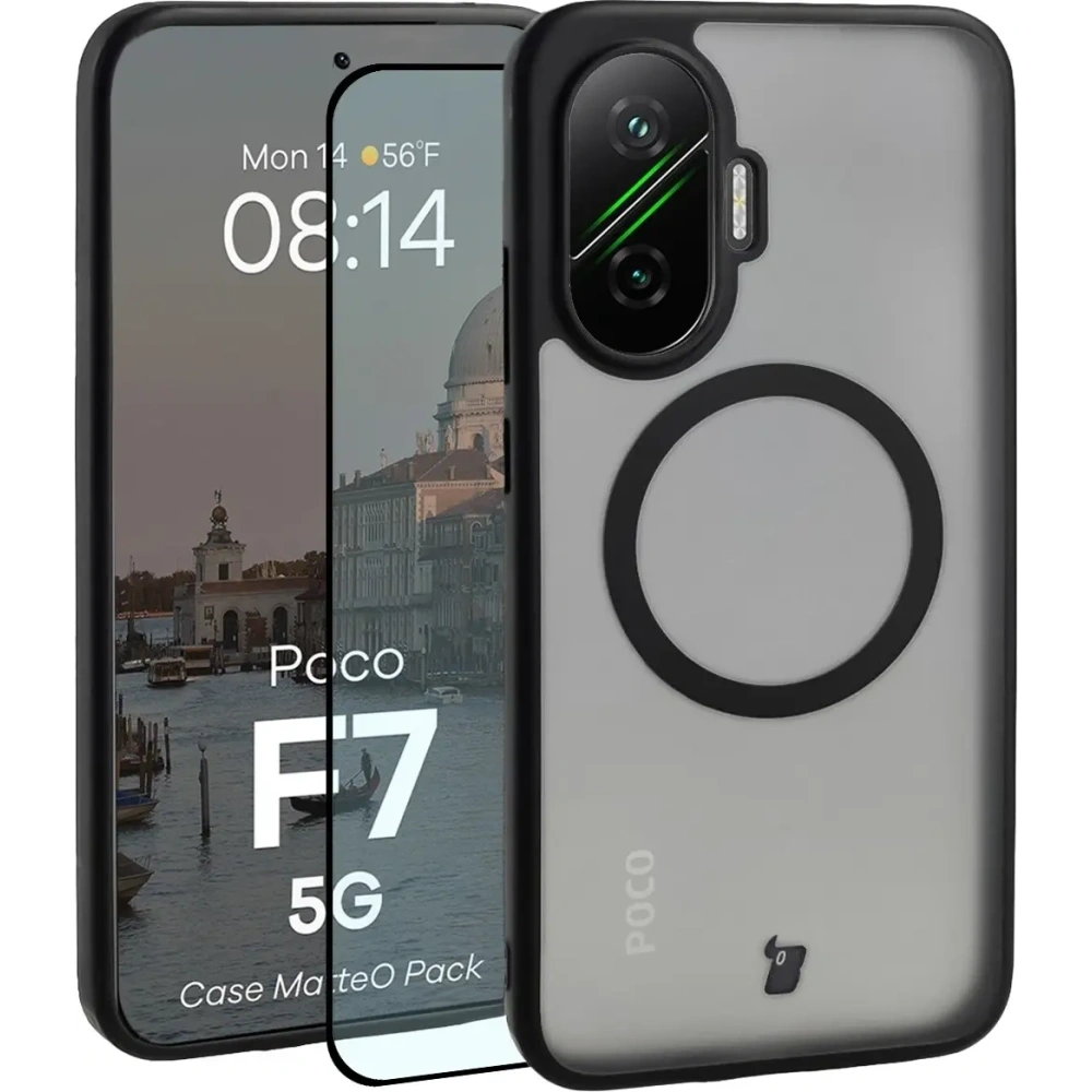 Etui z pierścieniem magnetycznym + szkło hartowane Bizon MatteO Pack do Xiaomi POCO F7, przydymione-czarne