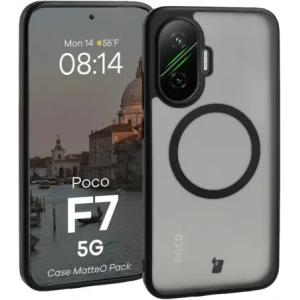 Etui z pierścieniem magnetycznym + szkło hartowane Bizon MatteO Pack do Xiaomi POCO F7, przydymione-czarne