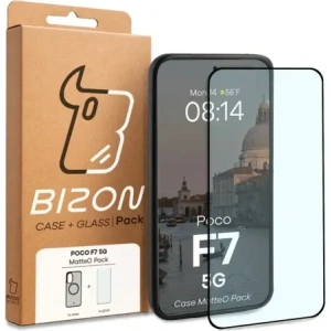 Etui z pierścieniem magnetycznym + szkło hartowane Bizon MatteO Pack do Xiaomi POCO F7, przydymione-czarne
