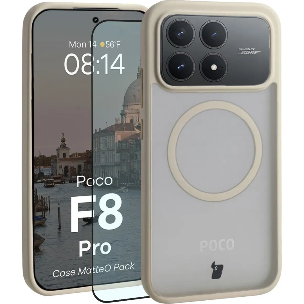 Etui z pierścieniem magnetycznym + szkło hartowane Bizon MatteO Pack do Xiaomi POCO F8 Pro, przydymione-beżowe
