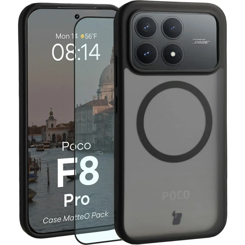 Etui z pierścieniem magnetycznym + szkło hartowane Bizon MatteO Pack do Xiaomi POCO F8 Pro, przydymione-czarne
