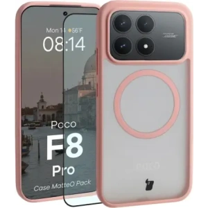 Etui z pierścieniem magnetycznym + szkło hartowane Bizon MatteO Pack do Xiaomi POCO F8 Pro, przydymione-jasnoróżowe