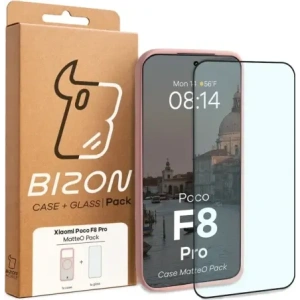 Etui z pierścieniem magnetycznym + szkło hartowane Bizon MatteO Pack do Xiaomi POCO F8 Pro, przydymione-jasnoróżowe