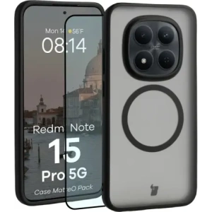 Etui z pierścieniem magnetycznym + szkło hartowane Bizon MatteO Pack do Xiaomi Redmi Note 15 Pro 5G, przydymione-czarne