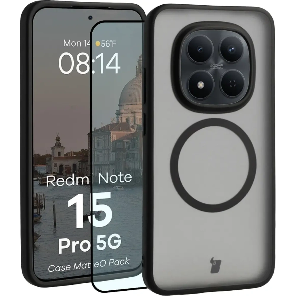 Etui z pierścieniem magnetycznym + szkło hartowane Bizon MatteO Pack do Xiaomi Redmi Note 15 Pro 5G, przydymione-czarne