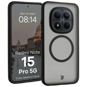 Etui z pierścieniem magnetycznym + szkło hartowane Bizon MatteO Pack do Xiaomi Redmi Note 15 Pro 5G, przydymione-czarne
