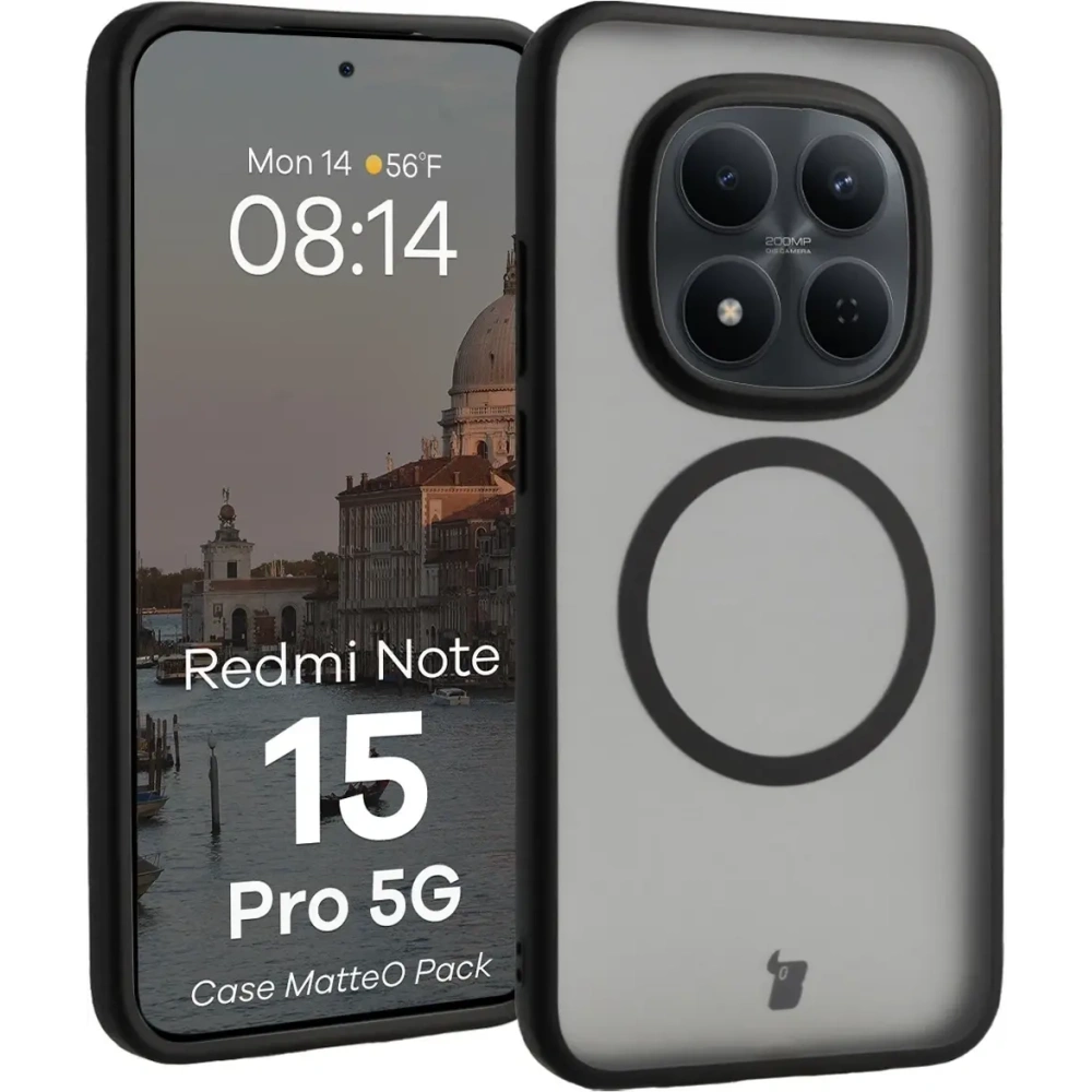 Etui z pierścieniem magnetycznym + szkło hartowane Bizon MatteO Pack do Xiaomi Redmi Note 15 Pro 5G, przydymione-czarne
