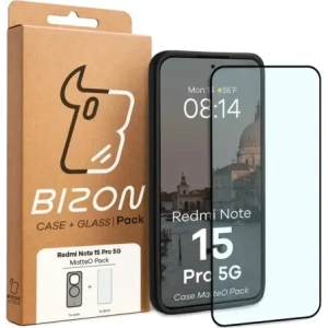 Etui z pierścieniem magnetycznym + szkło hartowane Bizon MatteO Pack do Xiaomi Redmi Note 15 Pro 5G, przydymione-czarne