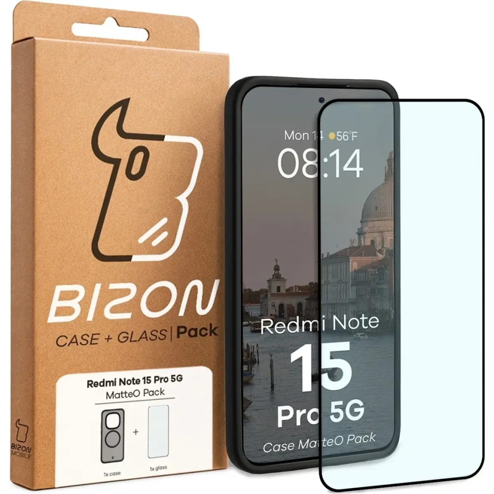 Etui z pierścieniem magnetycznym + szkło hartowane Bizon MatteO Pack do Xiaomi Redmi Note 15 Pro 5G, przydymione-czarne