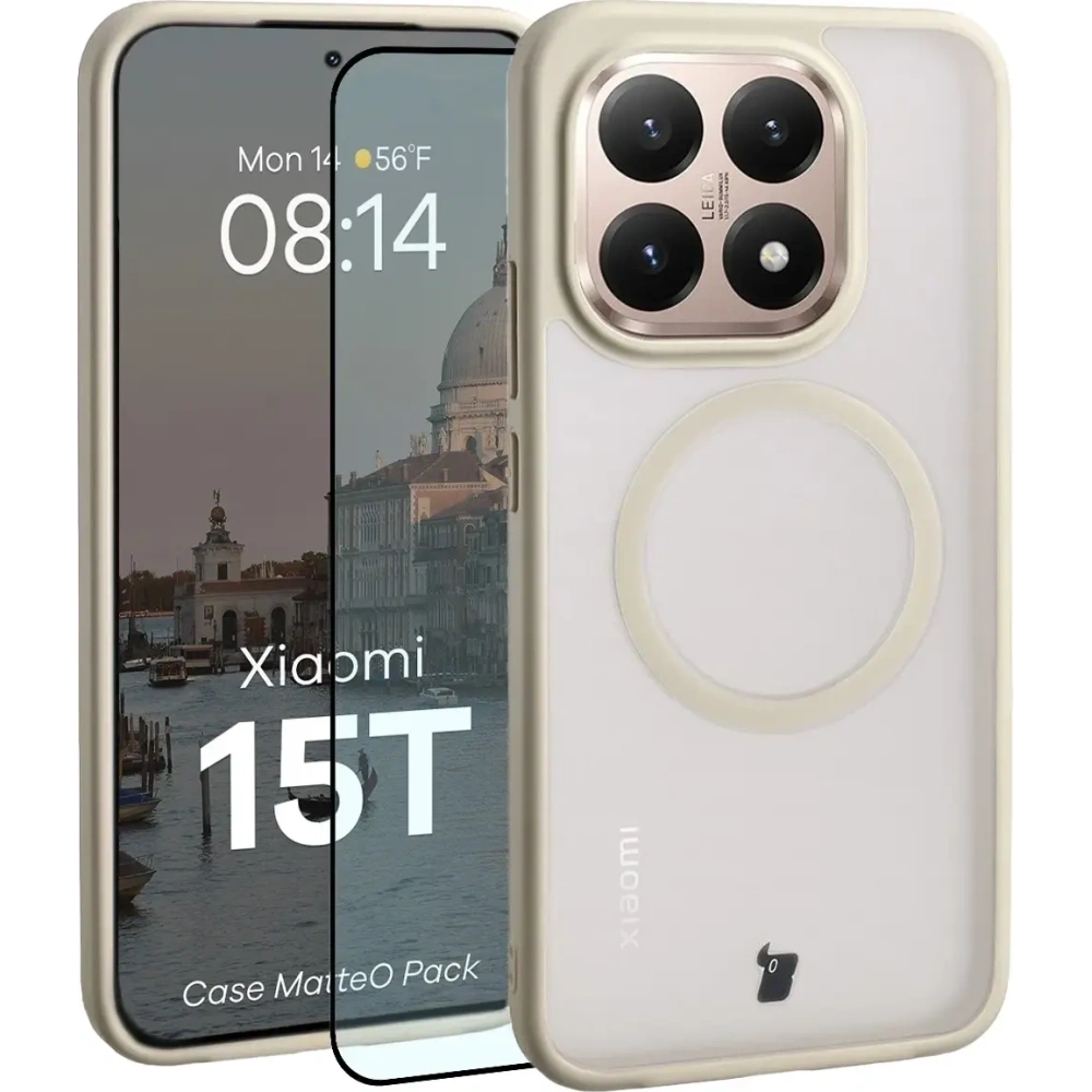 Etui z pierścieniem magnetycznym + szkło hartowane Bizon MatteO Pack do Xiaomi 15T, przydymione-beżowe