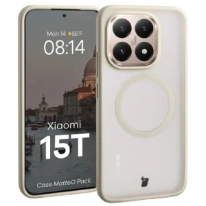 Etui z pierścieniem magnetycznym + szkło hartowane Bizon MatteO Pack do Xiaomi 15T, przydymione-beżowe