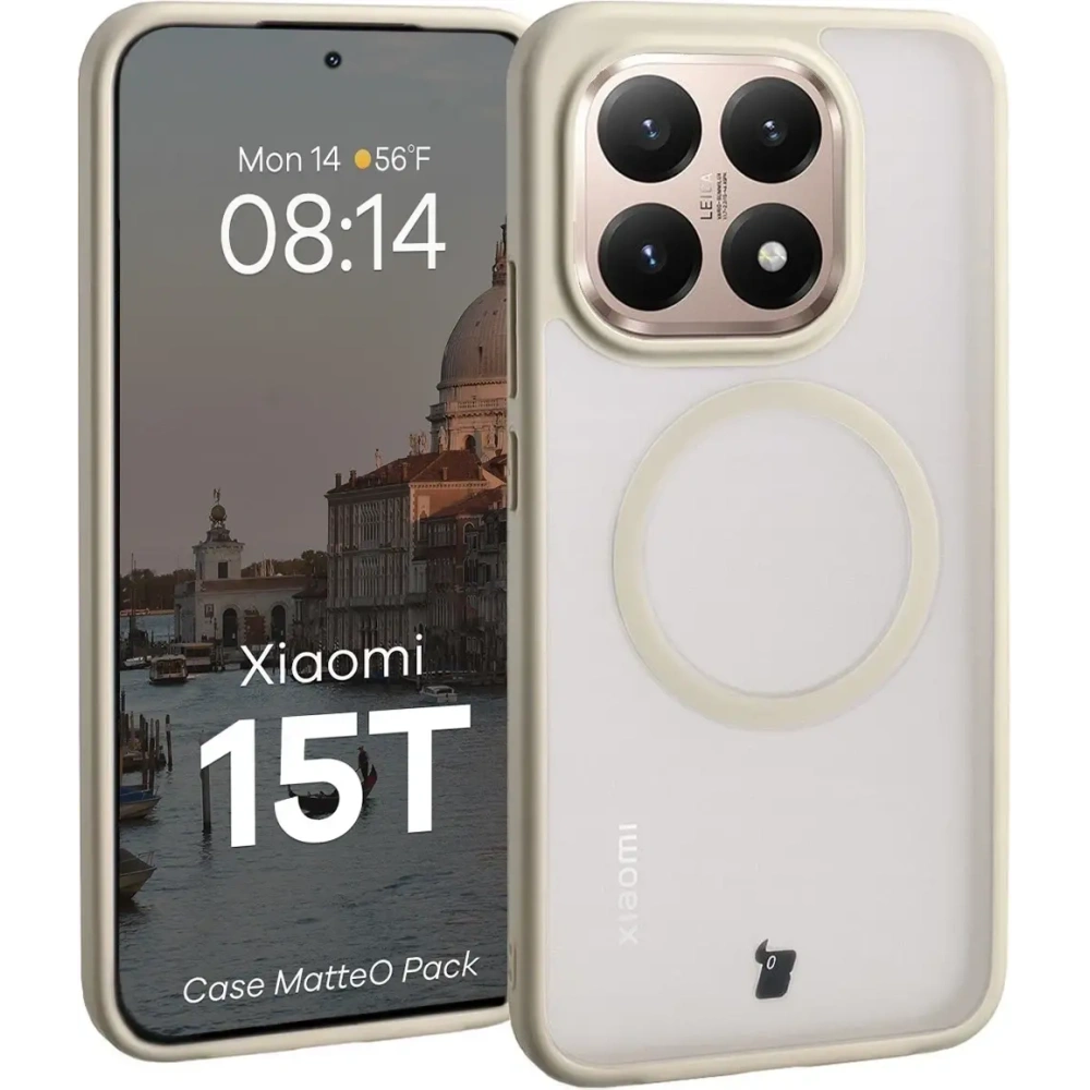 Etui z pierścieniem magnetycznym + szkło hartowane Bizon MatteO Pack do Xiaomi 15T, przydymione-beżowe