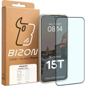 Etui z pierścieniem magnetycznym + szkło hartowane Bizon MatteO Pack do Xiaomi 15T, przydymione-beżowe