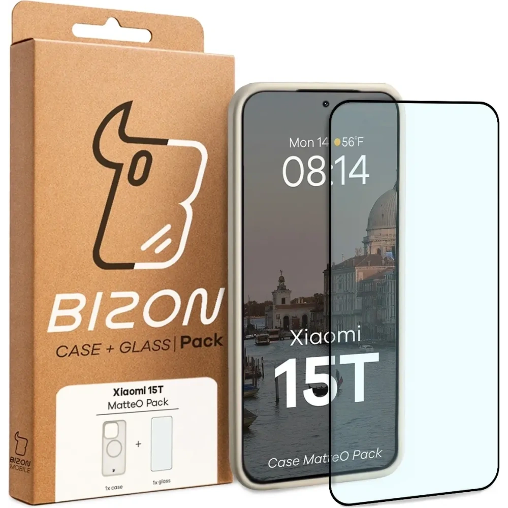 Etui z pierścieniem magnetycznym + szkło hartowane Bizon MatteO Pack do Xiaomi 15T, przydymione-beżowe