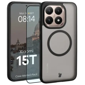 Etui z pierścieniem magnetycznym + szkło hartowane Bizon MatteO Pack do Xiaomi 15T, przydymione-czarne