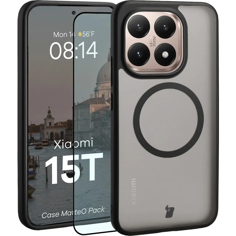 Etui z pierścieniem magnetycznym + szkło hartowane Bizon MatteO Pack do Xiaomi 15T, przydymione-czarne