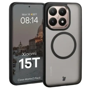 Etui z pierścieniem magnetycznym + szkło hartowane Bizon MatteO Pack do Xiaomi 15T, przydymione-czarne