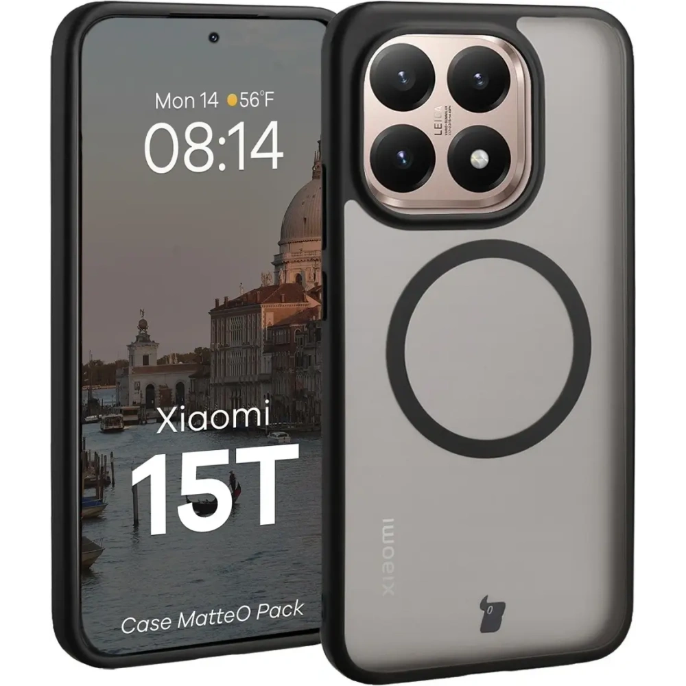 Etui z pierścieniem magnetycznym + szkło hartowane Bizon MatteO Pack do Xiaomi 15T, przydymione-czarne