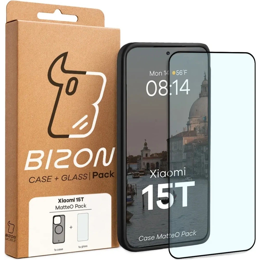 Etui z pierścieniem magnetycznym + szkło hartowane Bizon MatteO Pack do Xiaomi 15T, przydymione-czarne