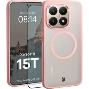 Etui z pierścieniem magnetycznym + szkło hartowane Bizon MatteO Pack do Xiaomi 15T, przydymione-jasnoróżowe