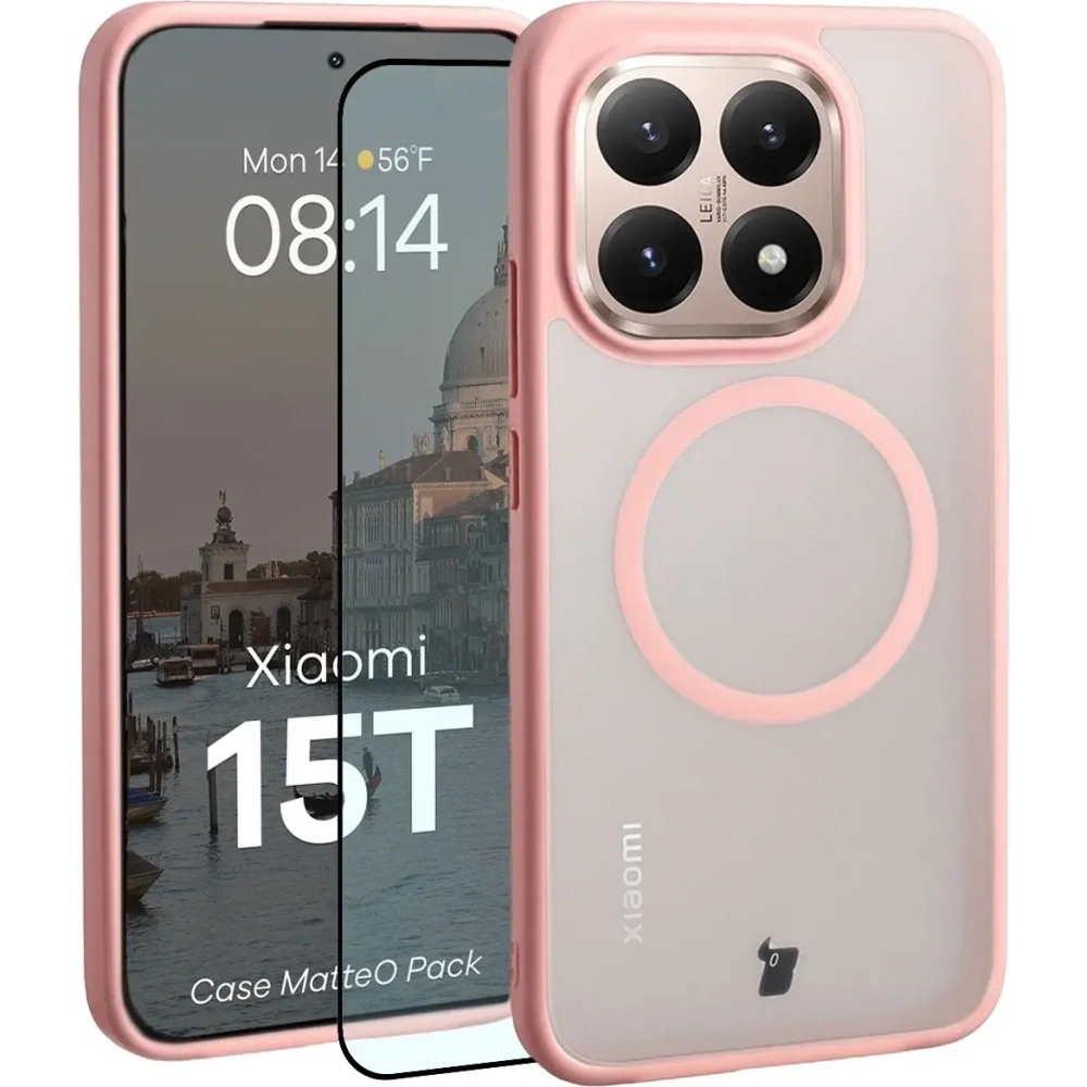 Etui z pierścieniem magnetycznym + szkło hartowane Bizon MatteO Pack do Xiaomi 15T, przydymione-jasnoróżowe