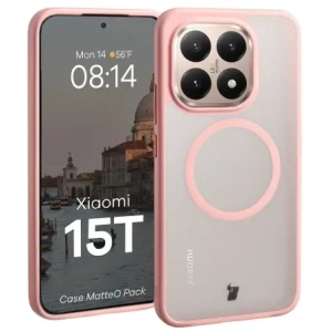 Etui z pierścieniem magnetycznym + szkło hartowane Bizon MatteO Pack do Xiaomi 15T, przydymione-jasnoróżowe