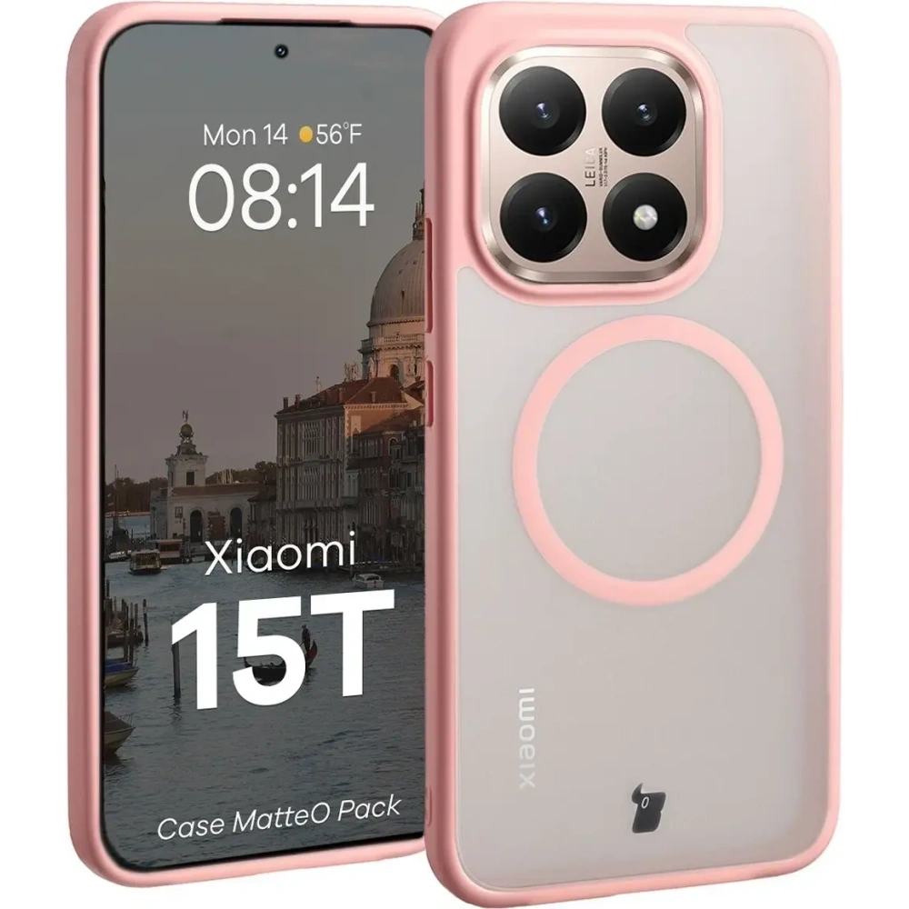 Etui z pierścieniem magnetycznym + szkło hartowane Bizon MatteO Pack do Xiaomi 15T, przydymione-jasnoróżowe
