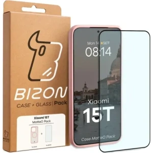 Etui z pierścieniem magnetycznym + szkło hartowane Bizon MatteO Pack do Xiaomi 15T, przydymione-jasnoróżowe