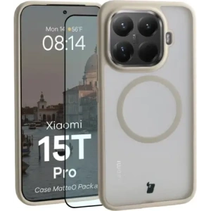 Etui z pierścieniem magnetycznym + szkło hartowane Bizon MatteO Pack do Xiaomi 15T Pro, przydymione-beżowe