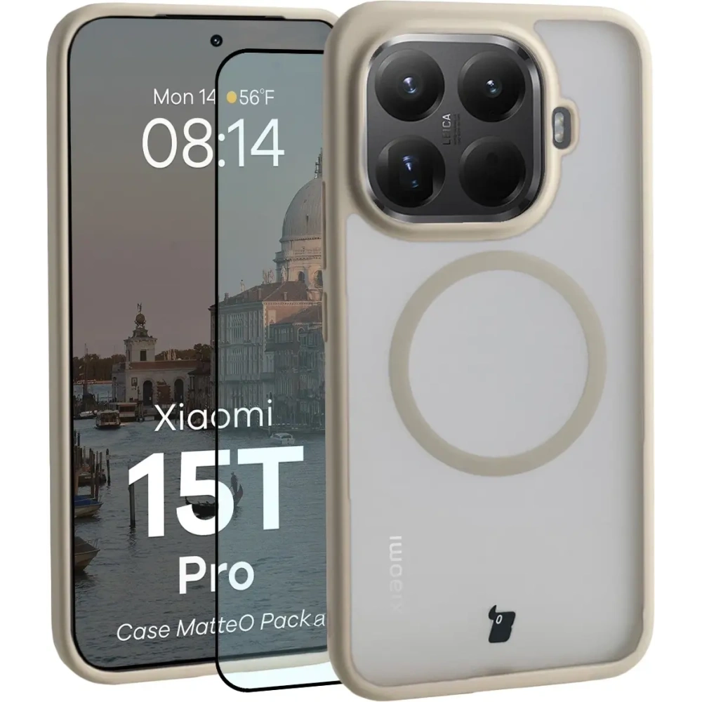 Etui z pierścieniem magnetycznym + szkło hartowane Bizon MatteO Pack do Xiaomi 15T Pro, przydymione-beżowe