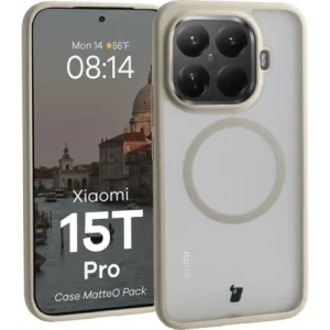 Etui z pierścieniem magnetycznym + szkło hartowane Bizon MatteO Pack do Xiaomi 15T Pro, przydymione-beżowe