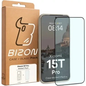 Etui z pierścieniem magnetycznym + szkło hartowane Bizon MatteO Pack do Xiaomi 15T Pro, przydymione-beżowe
