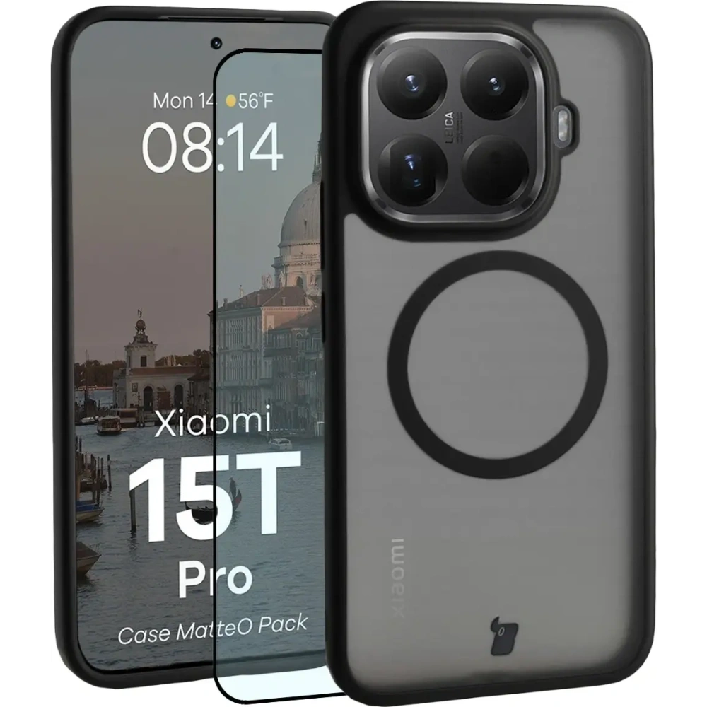 Etui z pierścieniem magnetycznym + szkło hartowane Bizon MatteO Pack do Xiaomi 15T Pro, przydymione-czarne