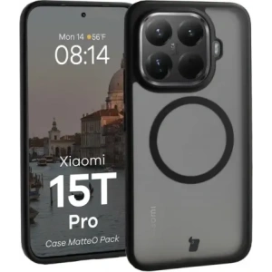 Etui z pierścieniem magnetycznym + szkło hartowane Bizon MatteO Pack do Xiaomi 15T Pro, przydymione-czarne
