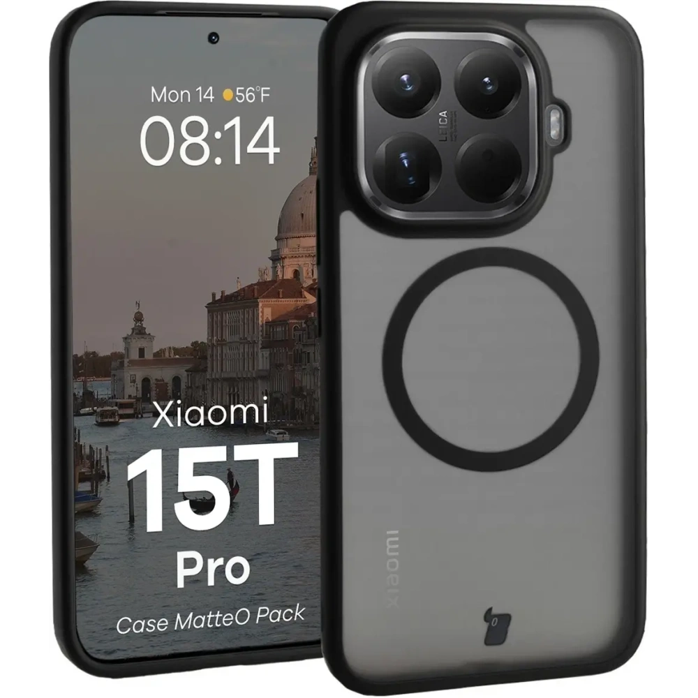 Etui z pierścieniem magnetycznym + szkło hartowane Bizon MatteO Pack do Xiaomi 15T Pro, przydymione-czarne