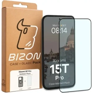 Etui z pierścieniem magnetycznym + szkło hartowane Bizon MatteO Pack do Xiaomi 15T Pro, przydymione-czarne