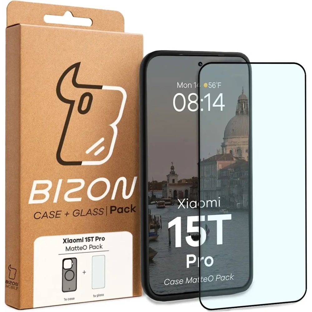 Etui z pierścieniem magnetycznym + szkło hartowane Bizon MatteO Pack do Xiaomi 15T Pro, przydymione-czarne