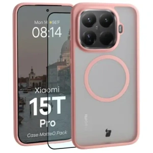 Etui z pierścieniem magnetycznym + szkło hartowane Bizon MatteO Pack do Xiaomi 15T Pro, przydymione-jasnoróżowe