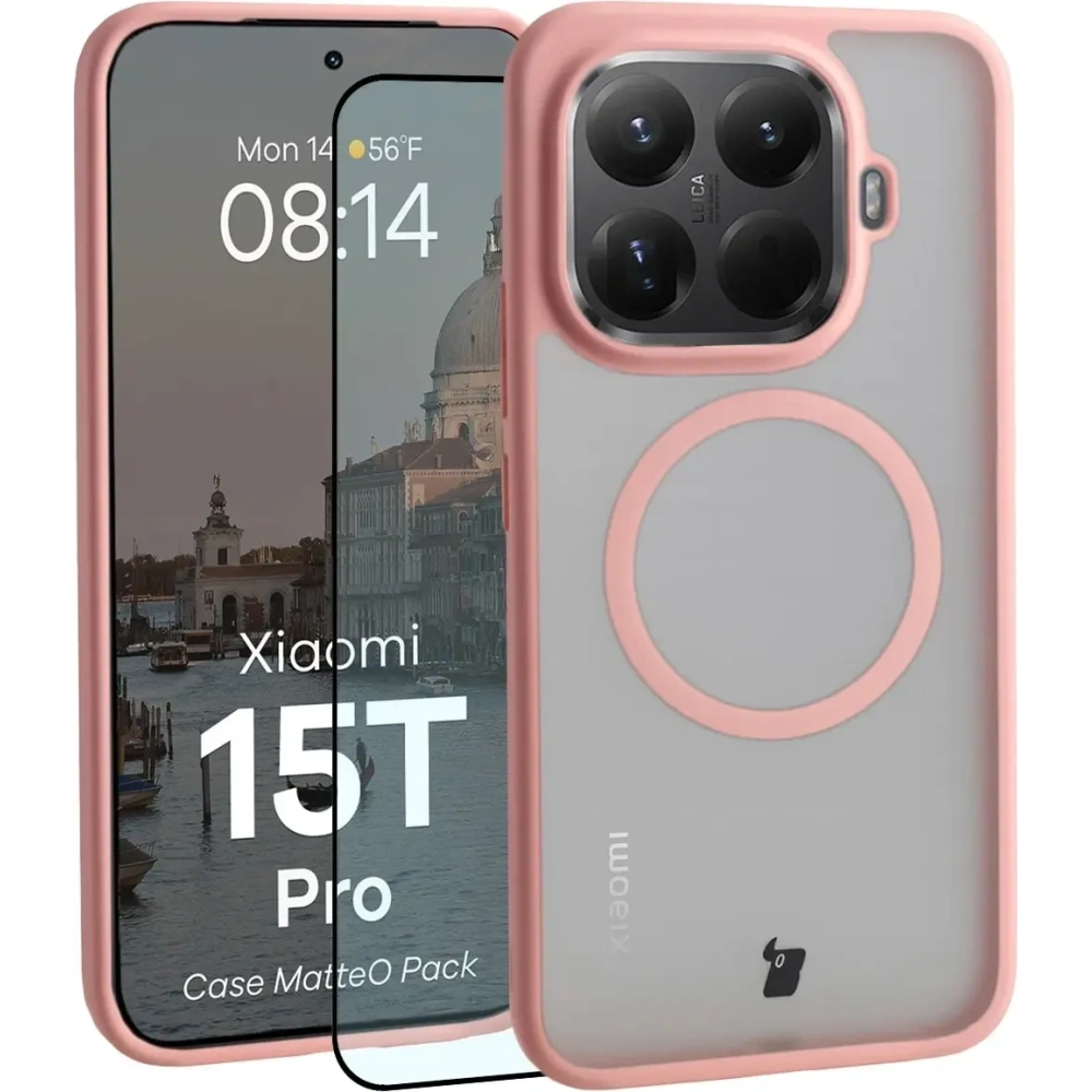 Etui z pierścieniem magnetycznym + szkło hartowane Bizon MatteO Pack do Xiaomi 15T Pro, przydymione-jasnoróżowe