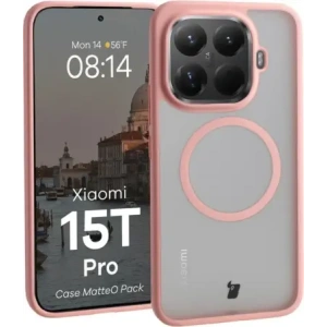 Etui z pierścieniem magnetycznym + szkło hartowane Bizon MatteO Pack do Xiaomi 15T Pro, przydymione-jasnoróżowe