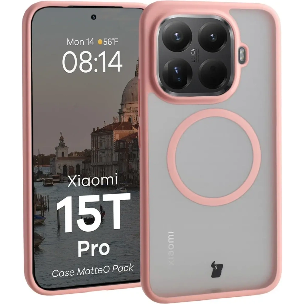 Etui z pierścieniem magnetycznym + szkło hartowane Bizon MatteO Pack do Xiaomi 15T Pro, przydymione-jasnoróżowe