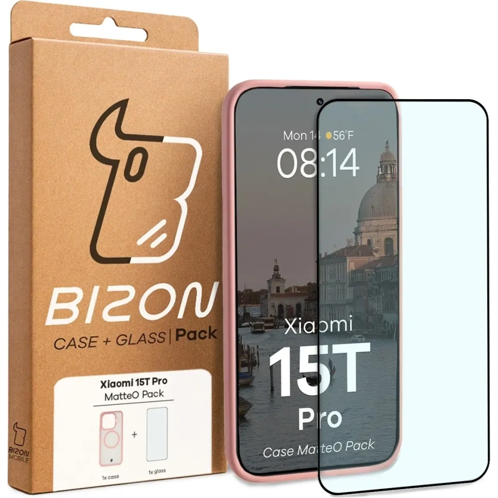 Etui z pierścieniem magnetycznym + szkło hartowane Bizon MatteO Pack do Xiaomi 15T Pro, przydymione-jasnoróżowe