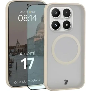 Etui z pierścieniem magnetycznym + szkło hartowane Bizon MatteO Pack do Xiaomi 17, przydymione-beżowe