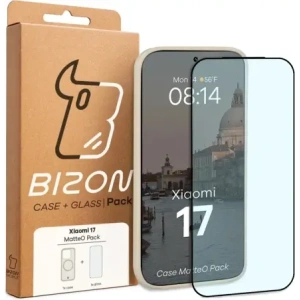 Etui z pierścieniem magnetycznym + szkło hartowane Bizon MatteO Pack do Xiaomi 17, przydymione-beżowe